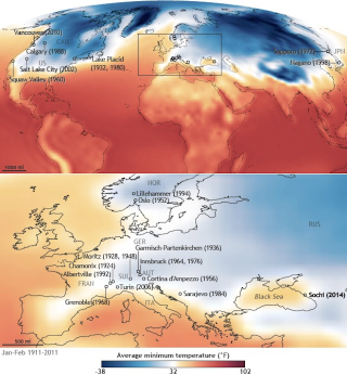 Illustration for article titled A climate map showing every Winter Olympics ever!